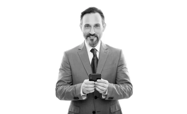 Smiling Mature Grizzled Boss Businesslike Suit Messaging Phone Isolated White — Stock Photo, Image