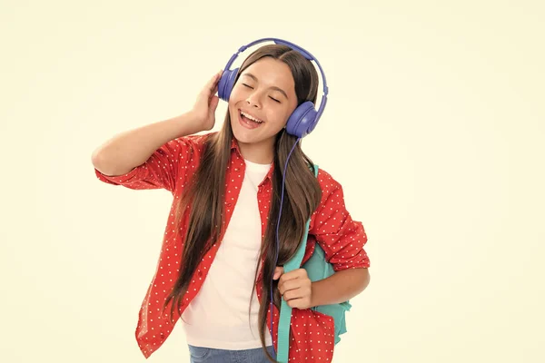 Amazed Child Singing Back School Schoolgirl Student Headphones School Bag — 图库照片