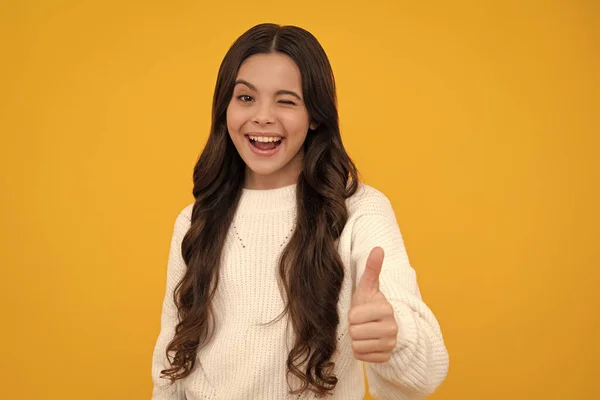 Portrait Joyful Teenage Child Girl Showing Thumbs Smiling Yellow Background — 图库照片