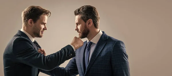 stock image Man face portrait, banner with copy space. disrespect and contradiction. business partners blame each other. arguing businesspeople