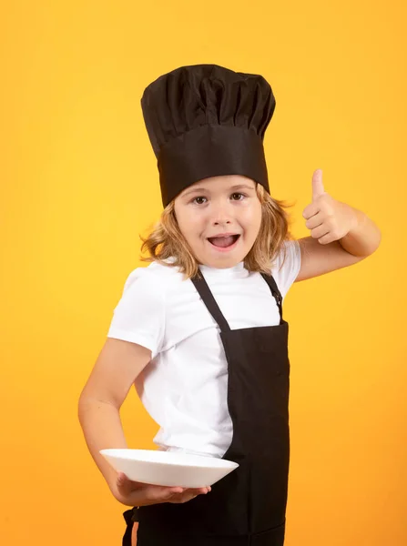 Cuoco Bambino Divertente Con Piatto Cottura Ragazzo Uniforme Fornello Cappello — Foto Stock