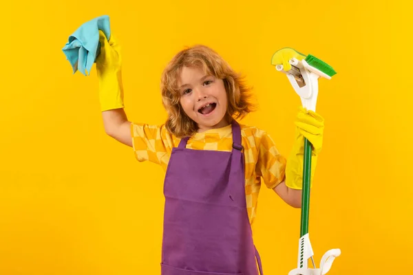 Criança Ajudar Limpar Limpeza Crianças Com Esfregona Para Ajudar Trabalho — Fotografia de Stock
