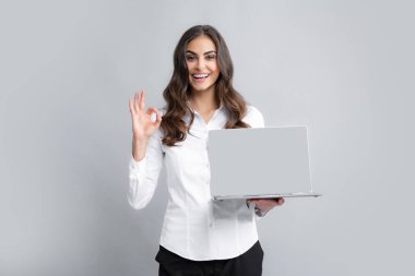 Cheerful business woman standing over grey wall with laptop computer. Portrait of pretty, charming, stylish, clever woman with open laptop chatting, using internet, isolated on grey background