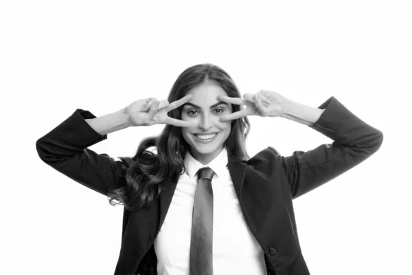 Business Woman Victory Sign Happy Positive Funny Businesswoman Show Victory — Foto de Stock