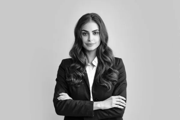 stock image Portrait of successful business woman in suit on gray isolated background. Female office worker, success manager. Serious office female worker, manager employees