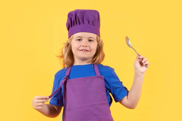 Cuoco Bambino Divertente Cuoco Con Cucchiaio Ritratto Studio Kid Chef — Foto Stock