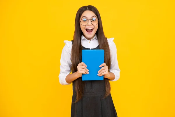 Teenager School Girl Books Isolated Studio Background Excited Face Cheerful — Stock fotografie