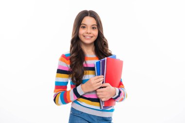 School child with book. Learning and education. Happy schoolgirl face, positive and smiling emotions