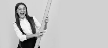 Okula dönüyorum. Cebir ve geometri. Matematik dersi alan bir çocuk. Boyutunu ölçün. Öğrenci pankartı. Kopya alanı olan öğrenci portresi