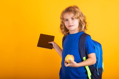 Back to school. Funny little boy from elementary school with book. Education