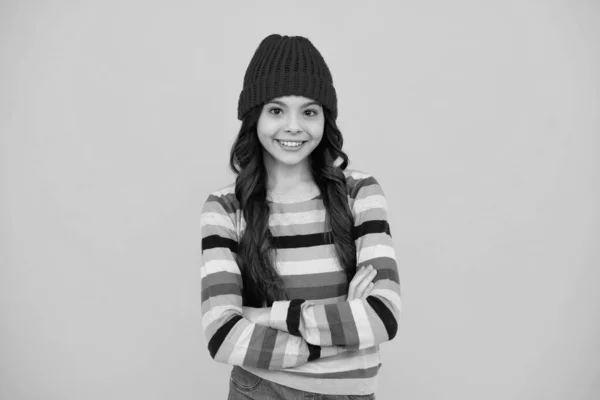 Teenager Girl Winter Hat Isolated Yellow Background Winter Christmas Holidays — Stock Photo, Image