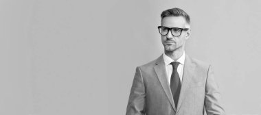 Man face portrait, banner with copy space. guy look like nerd. confident businessman in suit. male fashion accessory. copy space