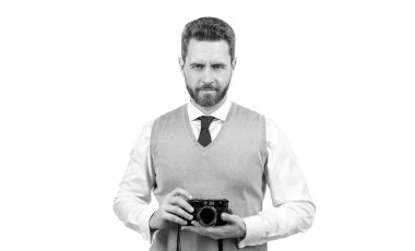 guy hold photo camera. amateur and professional photography. shooting session isolated on white. photoshoot. photographic work. taking pictures. male photographer. smiling man photographing.