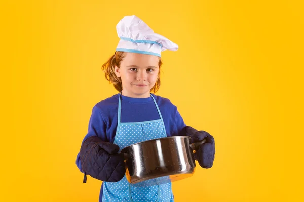 Bambino Cuoco Con Pentola Cucina Culinaria Bambini Bambino Cuochi Cappello — Foto Stock