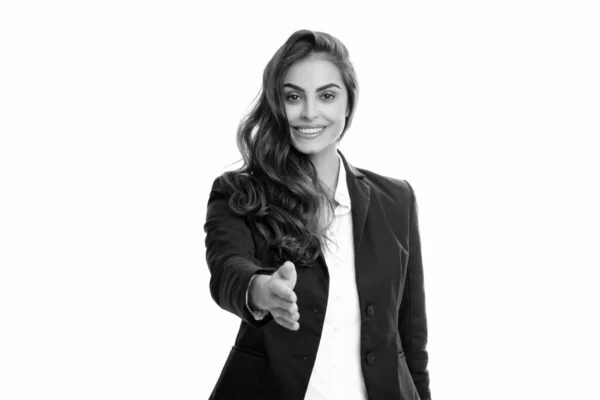 Επιχειρηματίας Γυναίκα Στο Κοστούμι Χαμογελώντας Φιλική Προσφορά Χειραψία Χαιρετισμό Και — Φωτογραφία Αρχείου