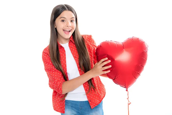 Lovely Romantic Teenage Girl Hold Red Heart Balloon Symbol Love — Stockfoto