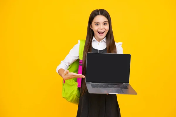 Teen Schoolgirl Hold Laptop Isolated Studio Background Cchool Student Learning — Zdjęcie stockowe