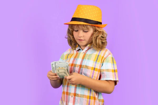 Kontant Pengar Dollar Räkningar Koncept Lycklig Rik Pojke Med Pengar — Stockfoto