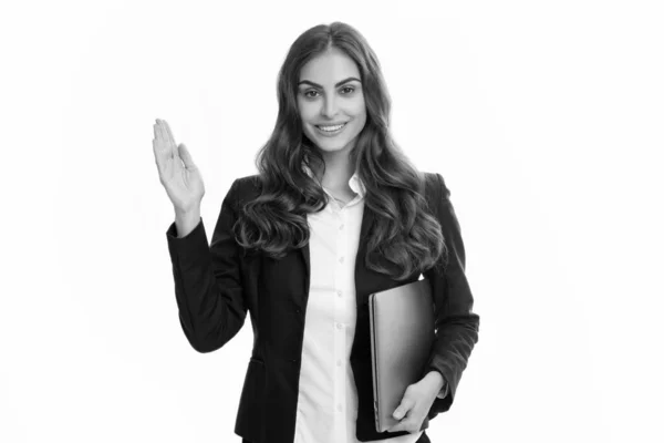 Portrait Positive Cheerful Ceo Expert Business Woman Work Laptop Isolated — Φωτογραφία Αρχείου