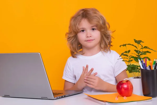 School Kind Met Laptop Computer Slimme Blanke Scholier Leerling Die — Stockfoto