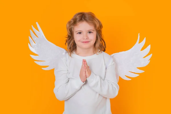 Valentines Day Blonde Cute Child Angel Wings Yellow Studio Background Royalty Free Stock Photos
