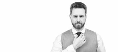 Beyaz arka planda izole edilmiş ciddi sakallı zarif bir adam, portresi. İnsan yüzü portresi, kopyalama alanı olan pankart