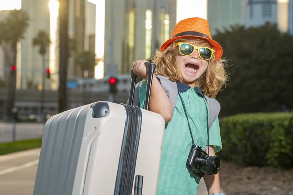 Portrait Modern Child Boy Luggage Suitcases Going Vacations Kids Travel — Zdjęcie stockowe