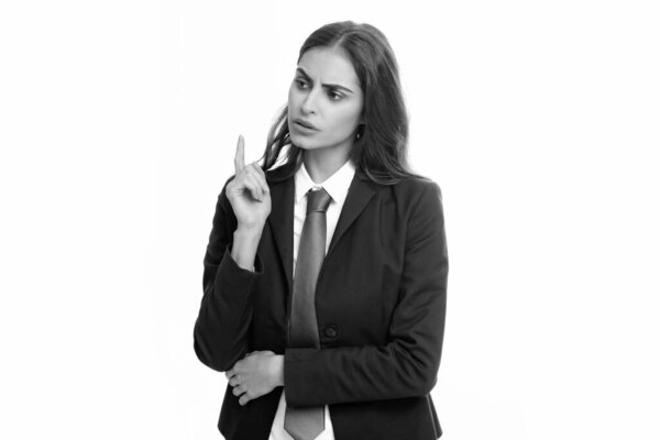 Serious business woman in suit and tie. Confident female entrepreneur. Businesswoman on business meeting. Portrait of attractive elegant female employee isolated on white background