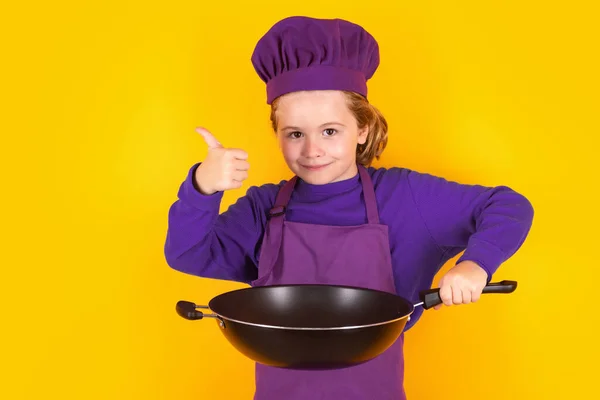 Garoto Chef Cozinheiro Com Panela Cozinhar Criança Cozinheira Criança Usando — Fotografia de Stock