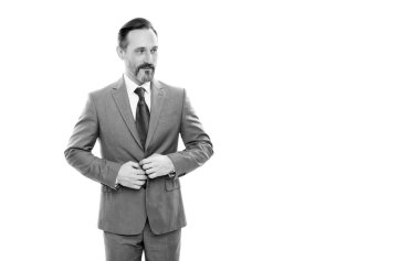 smiling boss with graying hair. copy space. grizzled businessman button up jacket. business success. man in businesslike suit. entrepreneur isolated on white. formal fashion. professional bearded ceo.