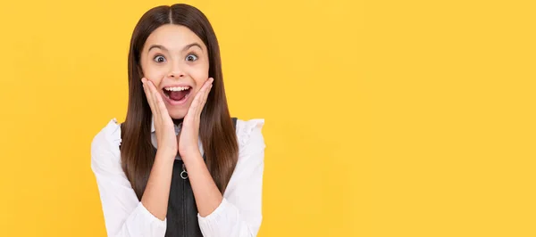 Surprised Primary School Kid Uniform Yellow Background Surprise Child Face — Stock Photo, Image