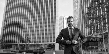 Formalite içinde olgun bir iş adamı. İş başarısı. Takım elbiseli başarılı bir adam. Ofis dışında bir girişimci. Erkek resmi moda. Profesyonel traşsız CEO. Boşluğu kopyala.