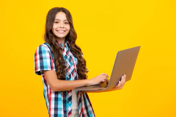 Young Girl Student Hold Computer Funny Pupil Laptop Isolated Yellow — Stock Photo, Image
