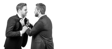 Man face portrait, banner with copy space. businessmen talking and discussing conflict. boss and employee. disagreed men partners