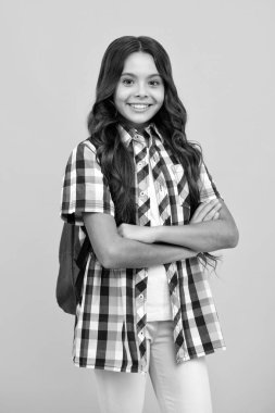 School teen with backpack. Teenager student, isolated background. Learning and knowledge. Go study. Education concept