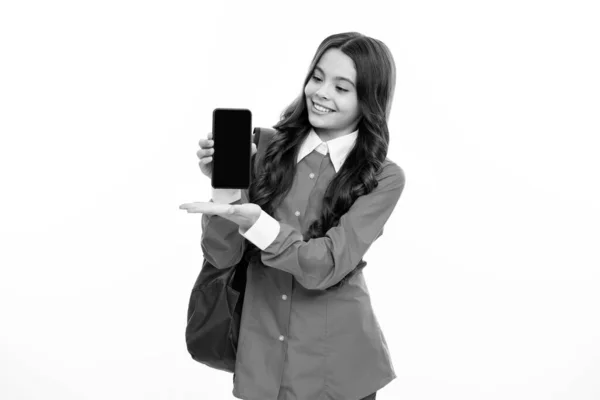 Adolescente Écolière Avec Téléphone Portable Sur Fond Isolé — Photo
