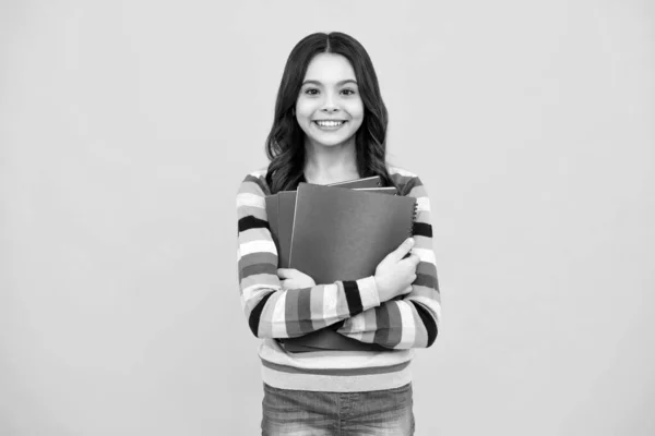 Teen Girl Pupil Hold Books Notebooks Isolated Yellow Background Copy — Fotografia de Stock