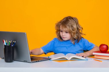 Dizüstü bilgisayar kullanan okul çocuğu. Öğrenci öğrencileri okulda dil ya da edebiyat öğreniyor. İlkokul çocuğu. Çalışan inek öğrenci portresi