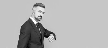 Man face portrait, banner with copy space. time management. agile business. professional network administrator hold computer