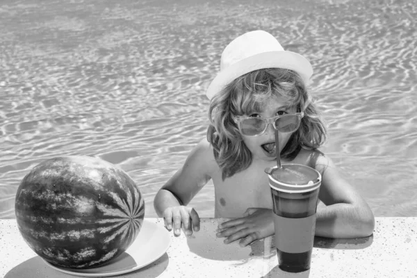 Funny Kid Swimming Pool Child Drink Cocktail Summer Fruits Watermelon — Zdjęcie stockowe