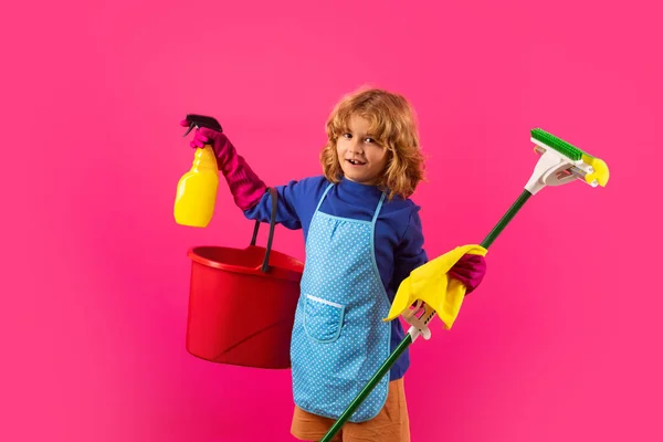 Child Doing Housework Studio Portrait Child Use Duster Gloves Cleaning — Stock Photo, Image