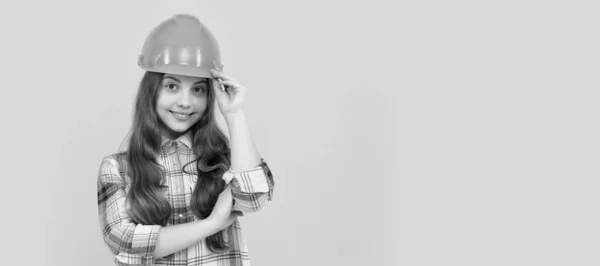 Renovation Child Happy Teen Girl Helmet Checkered Shirt Profession Child — Φωτογραφία Αρχείου