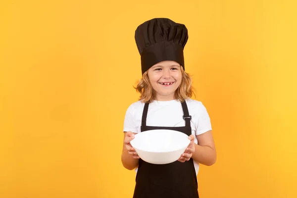 Cuoco Bambino Divertente Con Piatto Cottura Cucinare Bambini Ragazzo Chef — Foto Stock