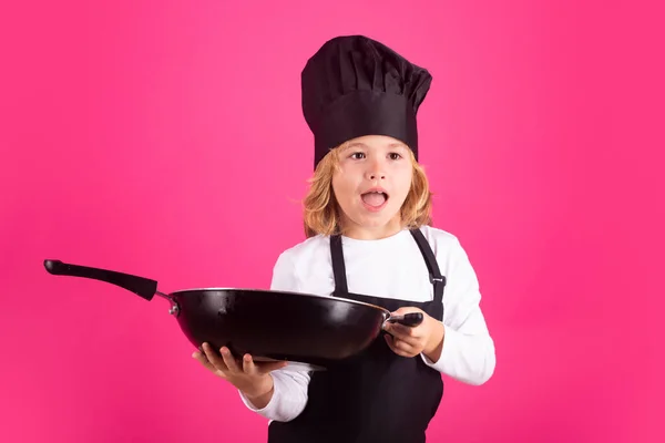 Cuoco Bambino Cuoco Con Padella Ragazzo Uniforme Fornello Cappello Chef — Foto Stock