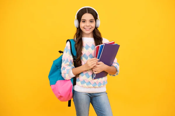 Schoolchild Teenage Student Girl Headphones School Bag Backpack Yellow Isolated — Foto de Stock