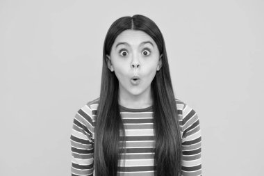 Şaşırmış genç kız. Stüdyonun arka planında izole edilmiş genç bir kızın portresi. Çocukluk yaşam tarzı konsepti. Kopyalama alanı oluştur