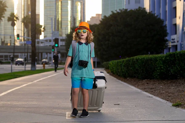 Child Boy Travel Suitcase Kid Luggage Packed Vacation Child Trip — Stock Photo, Image