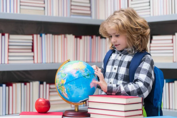 School Pupil Looking Globe Library Geography Lesson School Child Studying — Fotografia de Stock