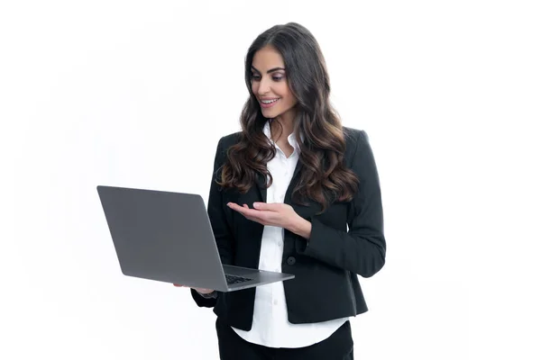 stock image Portrait of positive cheerful ceo expert business woman work at laptop isolated over gray background. Secretary with laptop, studio portrait