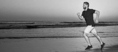 Man running and jumping, banner with copy space. hurry up. endurance and stamina. active sprinter. sport athlete run fast to win in sea sunset